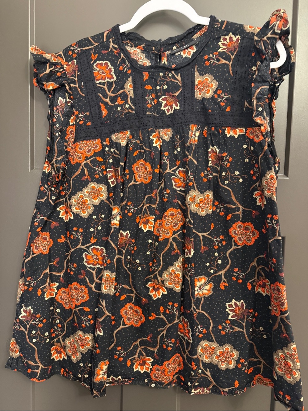 Lane Bryant Black Floral Flutter Sleeve Blouse with Orange Accents
